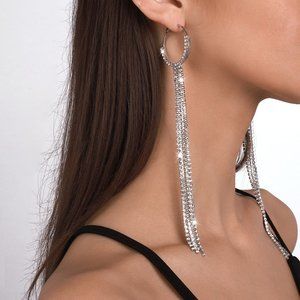 Long rhinestone tassel earrings for women